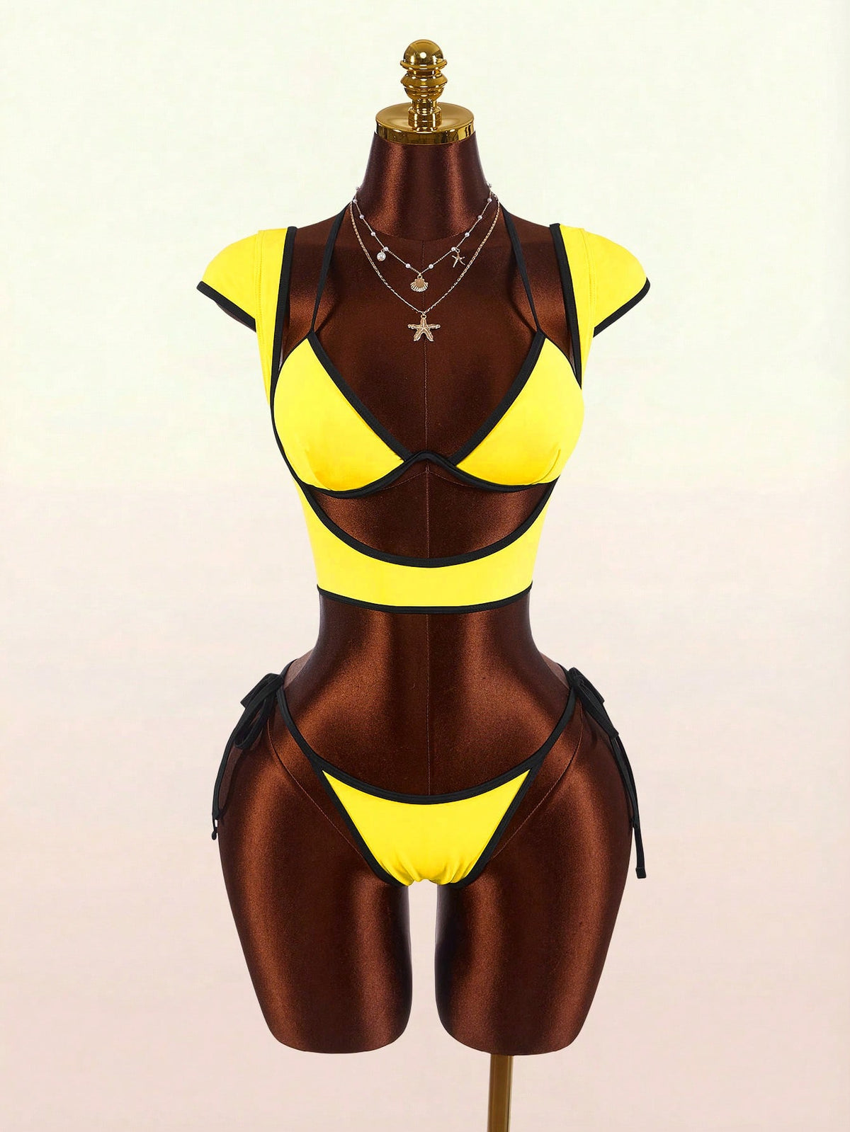 Amplova Women's Swimwear Set With Underwire Cups, Contrast Trim, Sports Style Suitable For Vacation, Sexy And Fashionable Set With Short Sleeve And Tie Pants