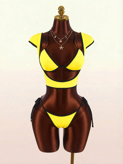 Amplova Women's Swimwear Set With Underwire Cups, Contrast Trim, Sports Style Suitable For Vacation, Sexy And Fashionable Set With Short Sleeve And Tie Pants