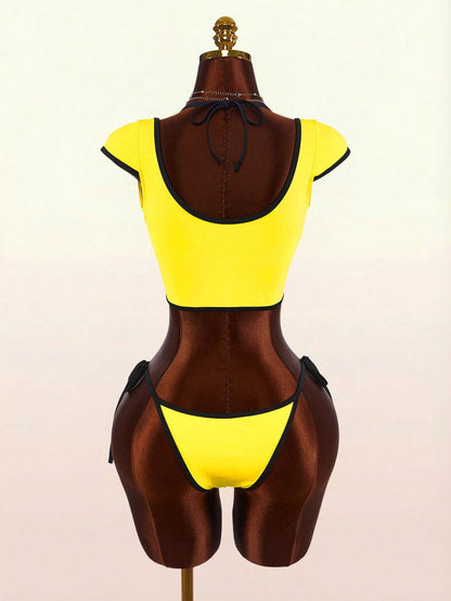 Amplova Women's Swimwear Set With Underwire Cups, Contrast Trim, Sports Style Suitable For Vacation, Sexy And Fashionable Set With Short Sleeve And Tie Pants