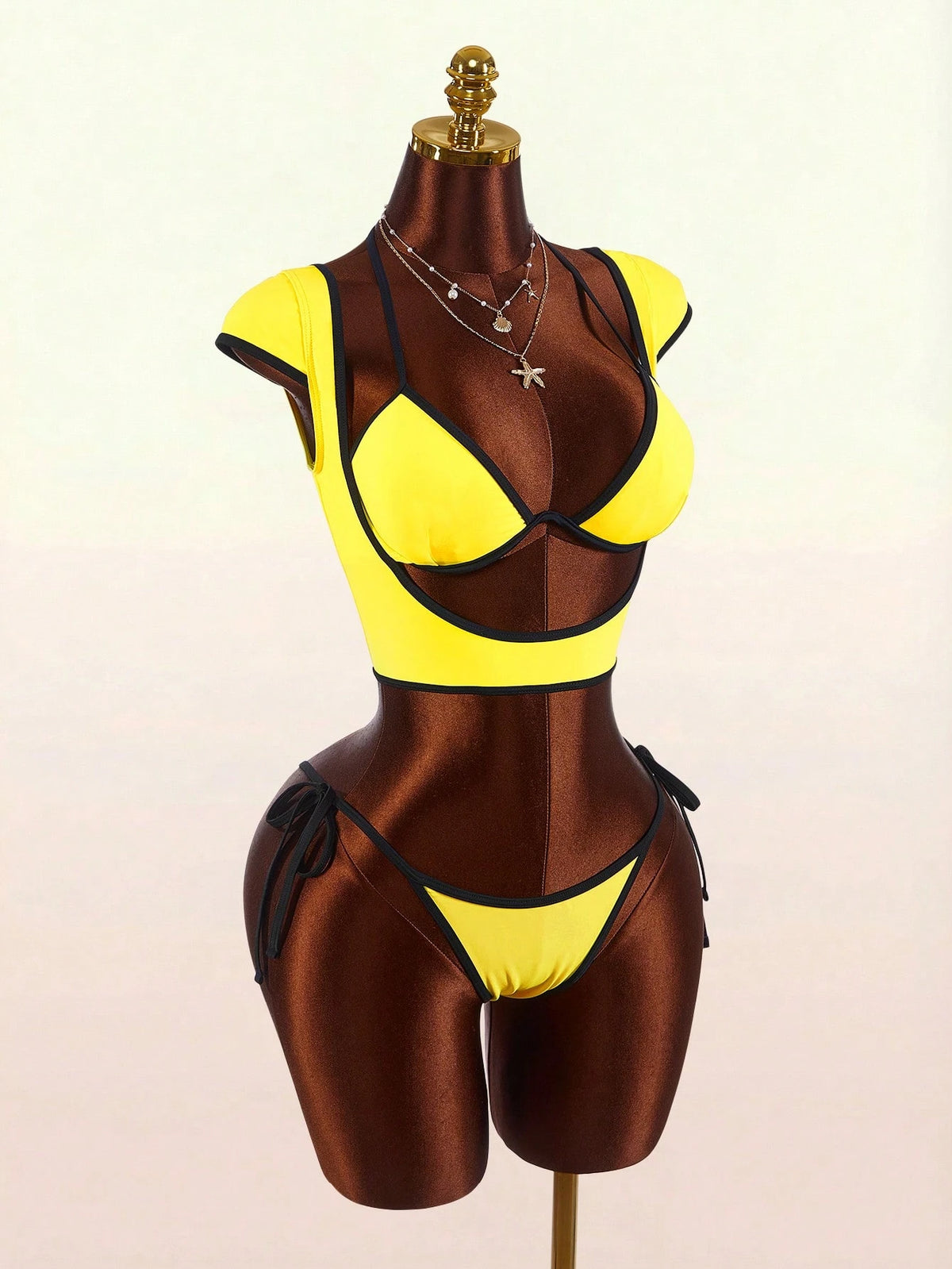 Amplova Women's Swimwear Set With Underwire Cups, Contrast Trim, Sports Style Suitable For Vacation, Sexy And Fashionable Set With Short Sleeve And Tie Pants