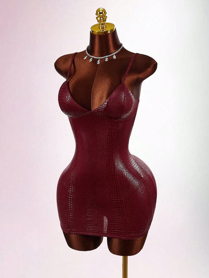 Amplova Y2K Sexy Red Casual Party Club Dress Wedding Guest For Women Burgundy Halloween Costumes Snake Skin Texture Glossy Coated Bustier Bodycon Mini Dresses