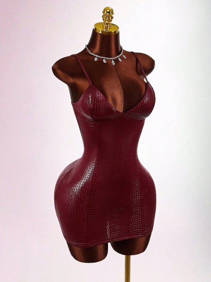 Amplova Y2K Sexy Red Casual Party Club Dress Wedding Guest For Women Burgundy Halloween Costumes Snake Skin Texture Glossy Coated Bustier Bodycon Mini Dresses