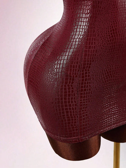 Amplova Y2K Sexy Red Casual Party Club Dress Wedding Guest For Women Burgundy Halloween Costumes Snake Skin Texture Glossy Coated Bustier Bodycon Mini Dresses