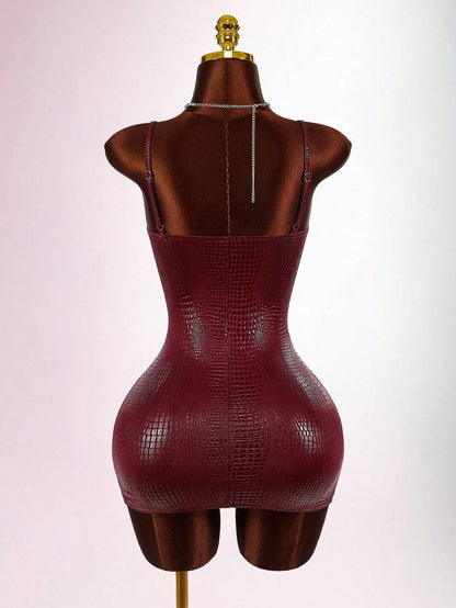 Amplova Y2K Sexy Red Casual Party Club Dress Wedding Guest For Women Burgundy Halloween Costumes Snake Skin Texture Glossy Coated Bustier Bodycon Mini Dresses