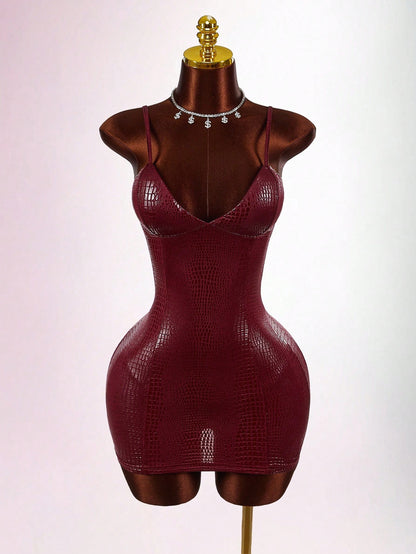 Amplova Y2K Sexy Red Casual Party Club Dress Wedding Guest For Women Burgundy Halloween Costumes Snake Skin Texture Glossy Coated Bustier Bodycon Mini Dresses