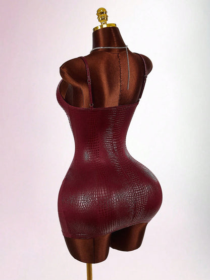 Amplova Y2K Sexy Red Casual Party Club Dress Wedding Guest For Women Burgundy Halloween Costumes Snake Skin Texture Glossy Coated Bustier Bodycon Mini Dresses