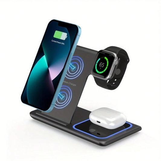 AmSengo 15W Foldable 3-In-1 Fast Wireless Charging Station, Compatible With IPhone 16/15/14/13/12/11, 9/8/7/6/5, USB Power Supply