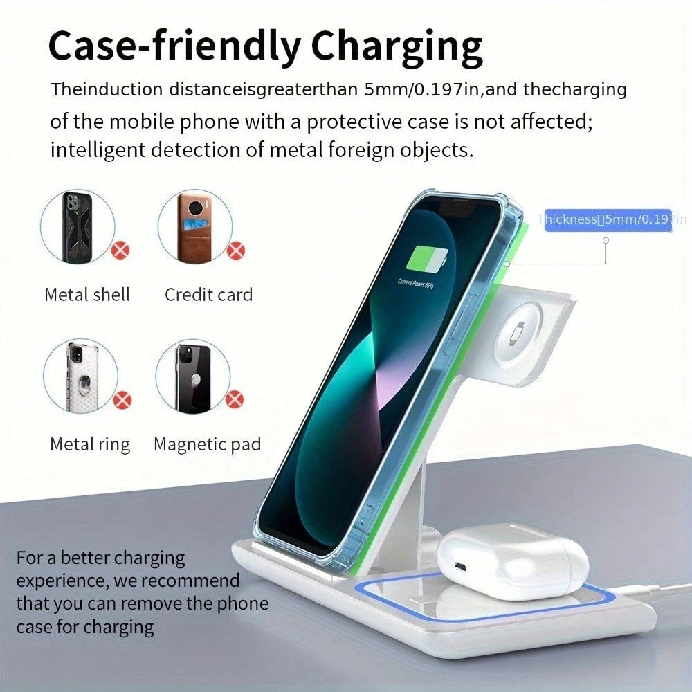 AmSengo 15W Foldable 3-In-1 Fast Wireless Charging Station, Compatible With IPhone 16/15/14/13/12/11, 9/8/7/6/5, USB Power Supply