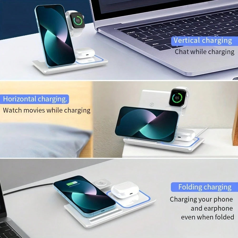 AmSengo 15W Foldable 3-In-1 Fast Wireless Charging Station, Compatible With IPhone 16/15/14/13/12/11, 9/8/7/6/5, USB Power Supply