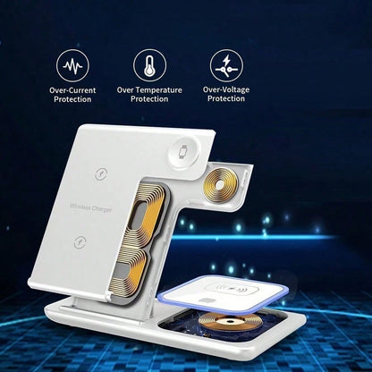 AmSengo 15W Foldable 3-In-1 Fast Wireless Charging Station, Compatible With IPhone 16/15/14/13/12/11, 9/8/7/6/5, USB Power Supply