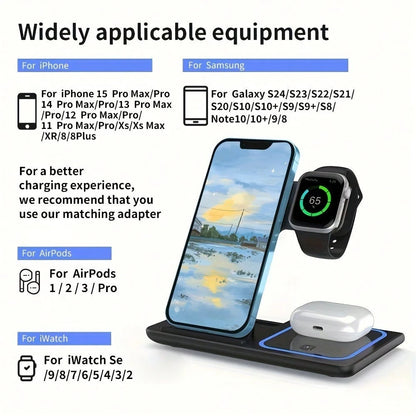 AmSengo 15W Foldable 3-In-1 Fast Wireless Charging Station, Compatible With IPhone 16/15/14/13/12/11, 9/8/7/6/5, USB Power Supply