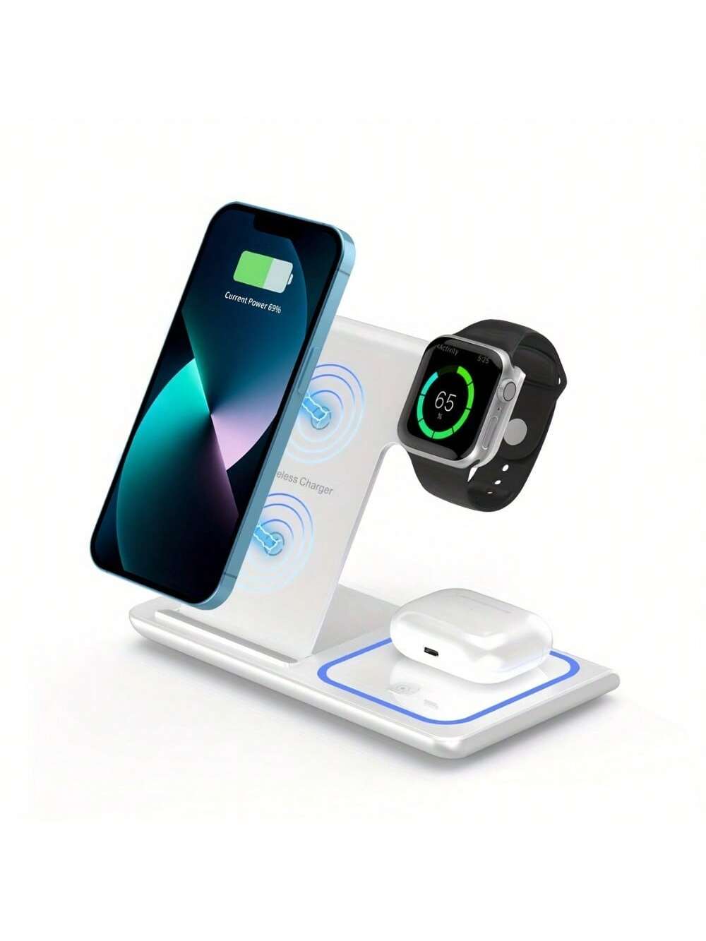 AmSengo 15W Foldable 3-In-1 Fast Wireless Charging Station, Compatible With IPhone 16/15/14/13/12/11, 9/8/7/6/5, USB Power Supply