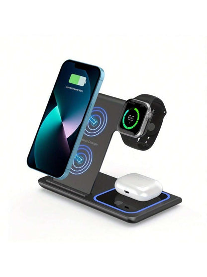 AmSengo 15W Foldable 3-In-1 Fast Wireless Charging Station, Compatible With IPhone 16/15/14/13/12/11, 9/8/7/6/5, USB Power Supply