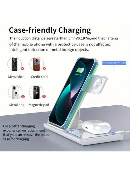 AmSengo 15W Foldable 3-In-1 Fast Wireless Charging Station, Compatible With IPhone 16/15/14/13/12/11, 9/8/7/6/5, USB Power Supply