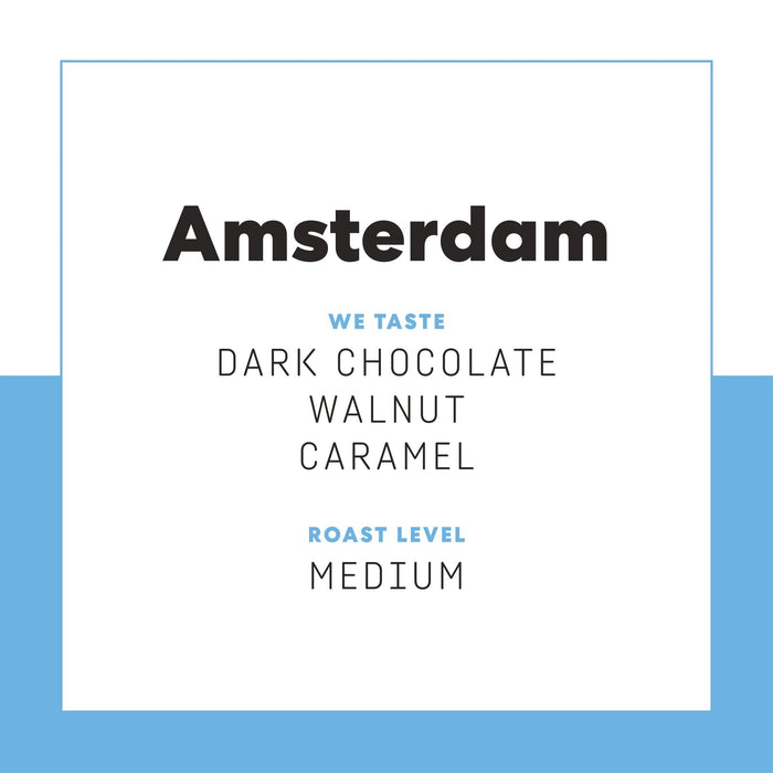 Amsterdam poster with bold black Amsterdam text on white background framed in light blue