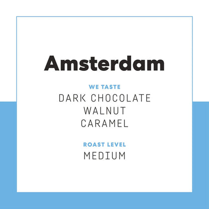 Amsterdam poster with bold black Amsterdam text on white background framed in light blue