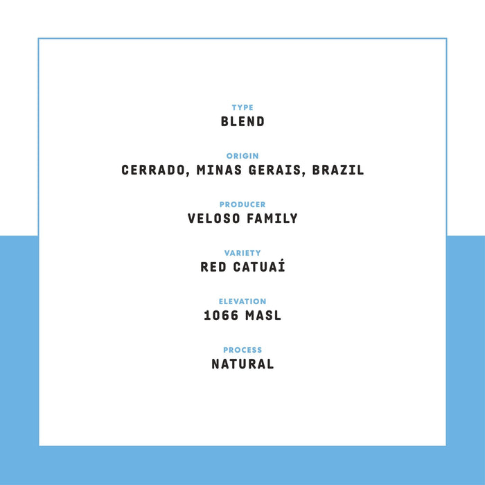 Blend label on white panel with blue accents showing origin Cerrado Minas Gerais Brazil