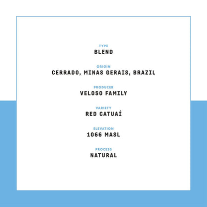 Blend label on white panel with blue accents showing origin Cerrado Minas Gerais Brazil