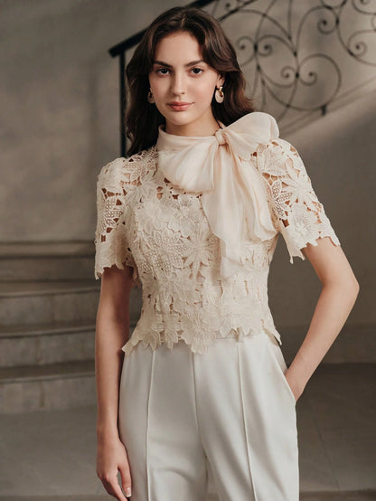 Anewsta Spring/Summer French Gentle Style Beige Hollow Lace Bowknot Versatile Women's Blouse