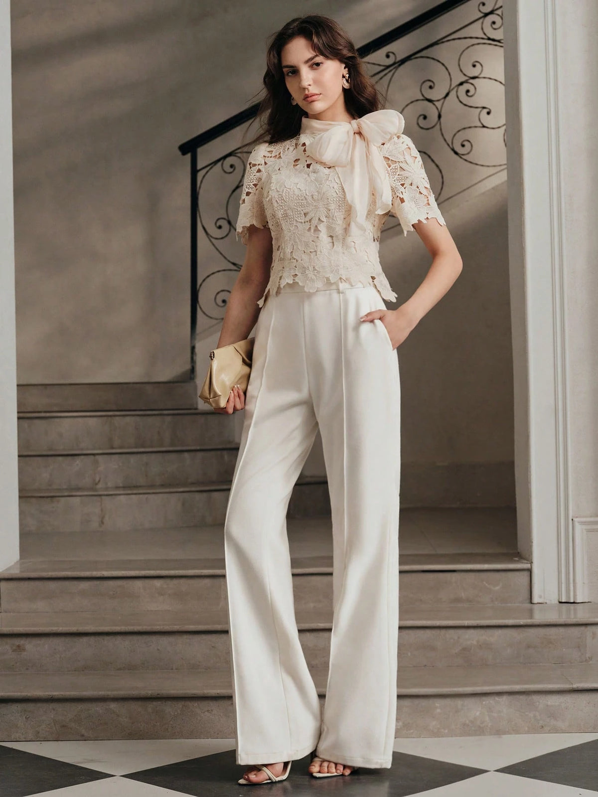 Anewsta Spring/Summer French Gentle Style Beige Hollow Lace Bowknot Versatile Women's Blouse