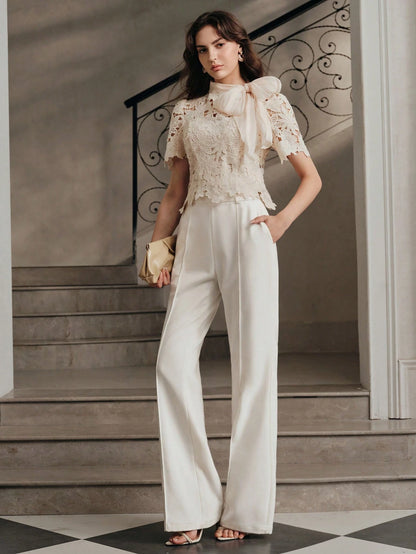 Anewsta Spring/Summer French Gentle Style Beige Hollow Lace Bowknot Versatile Women's Blouse