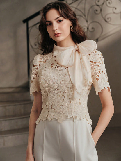 Anewsta Spring/Summer French Gentle Style Beige Hollow Lace Bowknot Versatile Women's Blouse