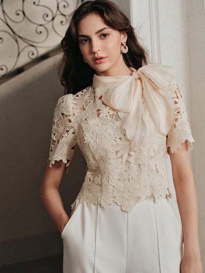 Anewsta Spring/Summer French Gentle Style Beige Hollow Lace Bowknot Versatile Women's Blouse