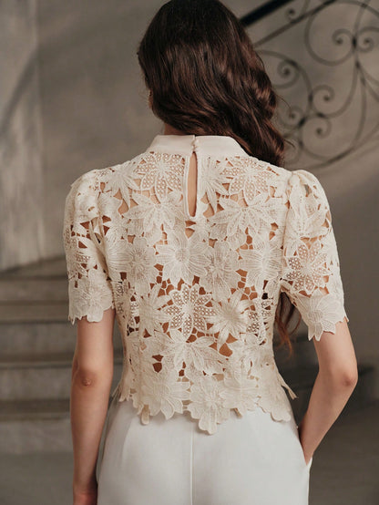 Anewsta Spring/Summer French Gentle Style Beige Hollow Lace Bowknot Versatile Women's Blouse