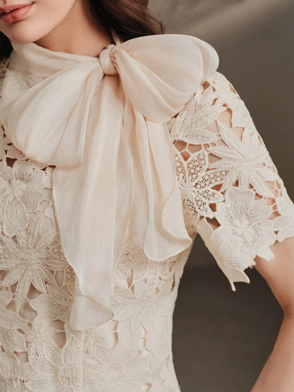 Anewsta Spring/Summer French Gentle Style Beige Hollow Lace Bowknot Versatile Women's Blouse