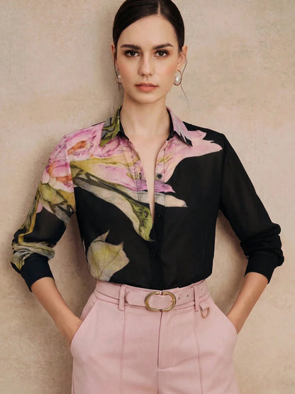 Anewsta Spring/Summer New Elegant Fashion Floral Print Chiffon Long Sleeve Blouse For Women, Suitable For Outings, Parties, Holidays, Vacations And Professional Occasions