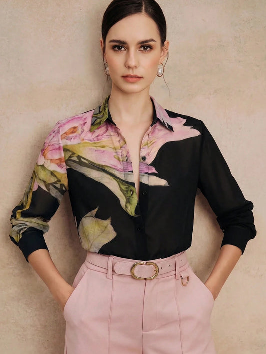 Anewsta Spring/Summer New Elegant Fashion Floral Print Chiffon Long Sleeve Blouse For Women, Suitable For Outings, Parties, Holidays, Vacations And Professional Occasions
