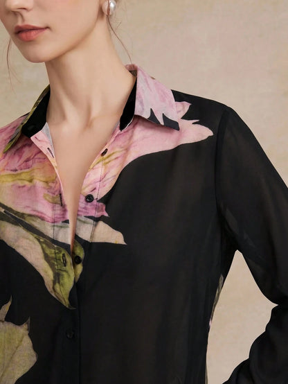 Anewsta Spring/Summer New Elegant Fashion Floral Print Chiffon Long Sleeve Blouse For Women, Suitable For Outings, Parties, Holidays, Vacations And Professional Occasions