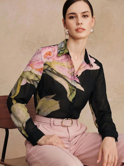 Anewsta Spring/Summer New Elegant Fashion Floral Print Chiffon Long Sleeve Blouse For Women, Suitable For Outings, Parties, Holidays, Vacations And Professional Occasions