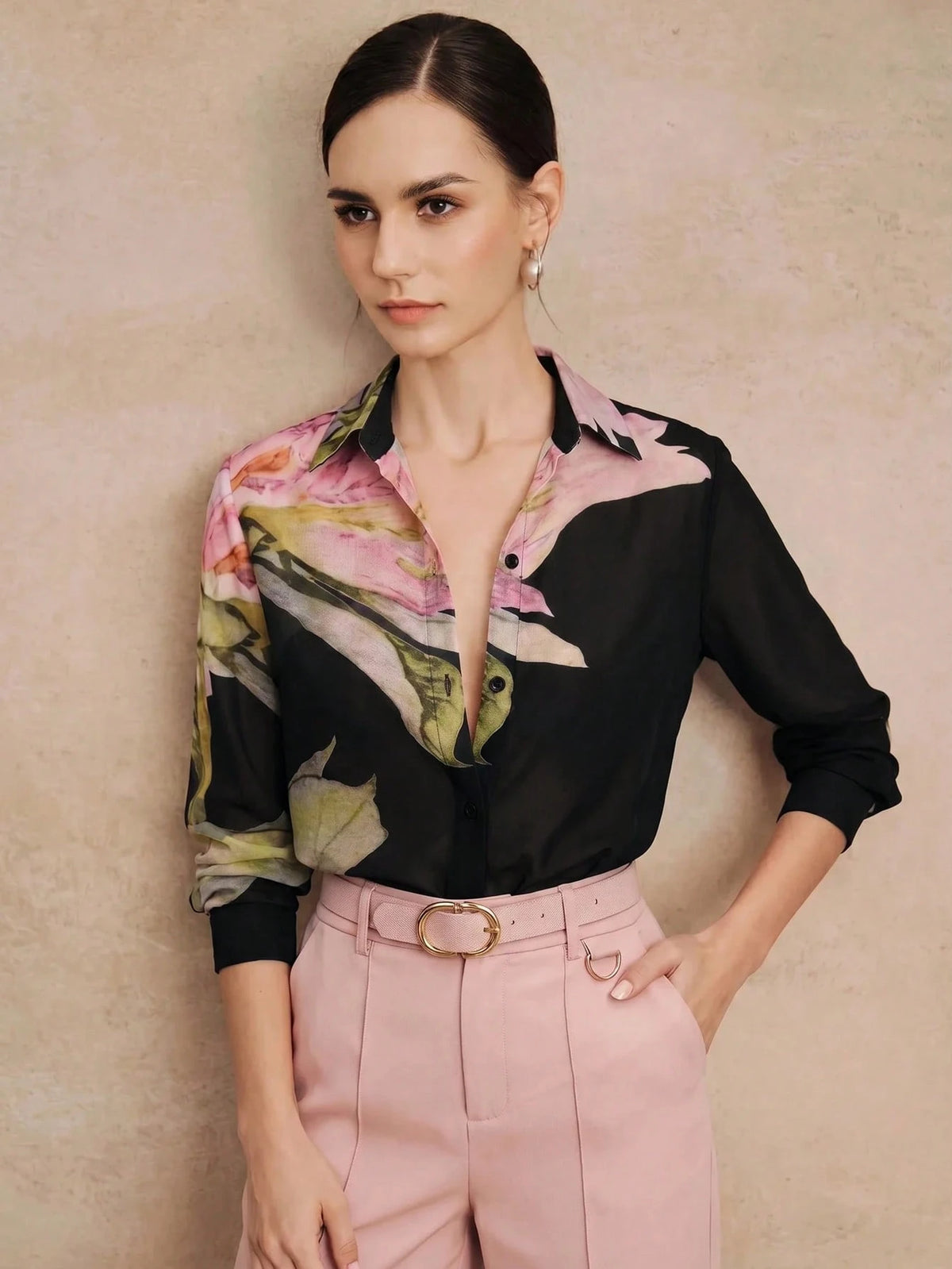 Anewsta Spring/Summer New Elegant Fashion Floral Print Chiffon Long Sleeve Blouse For Women, Suitable For Outings, Parties, Holidays, Vacations And Professional Occasions