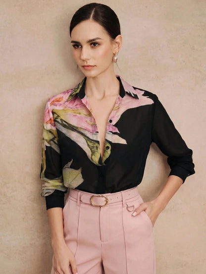 Anewsta Spring/Summer New Elegant Fashion Floral Print Chiffon Long Sleeve Blouse For Women, Suitable For Outings, Parties, Holidays, Vacations And Professional Occasions