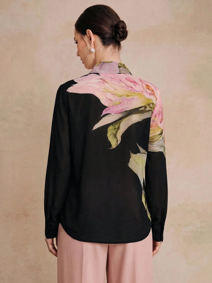 Anewsta Spring/Summer New Elegant Fashion Floral Print Chiffon Long Sleeve Blouse For Women, Suitable For Outings, Parties, Holidays, Vacations And Professional Occasions