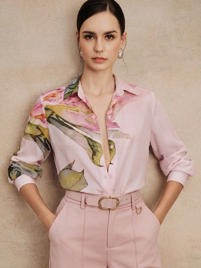 Anewsta Spring/Summer New Elegant Fashion Floral Print Chiffon Long Sleeve Blouse For Women, Suitable For Outings, Parties, Holidays, Vacations And Professional Occasions