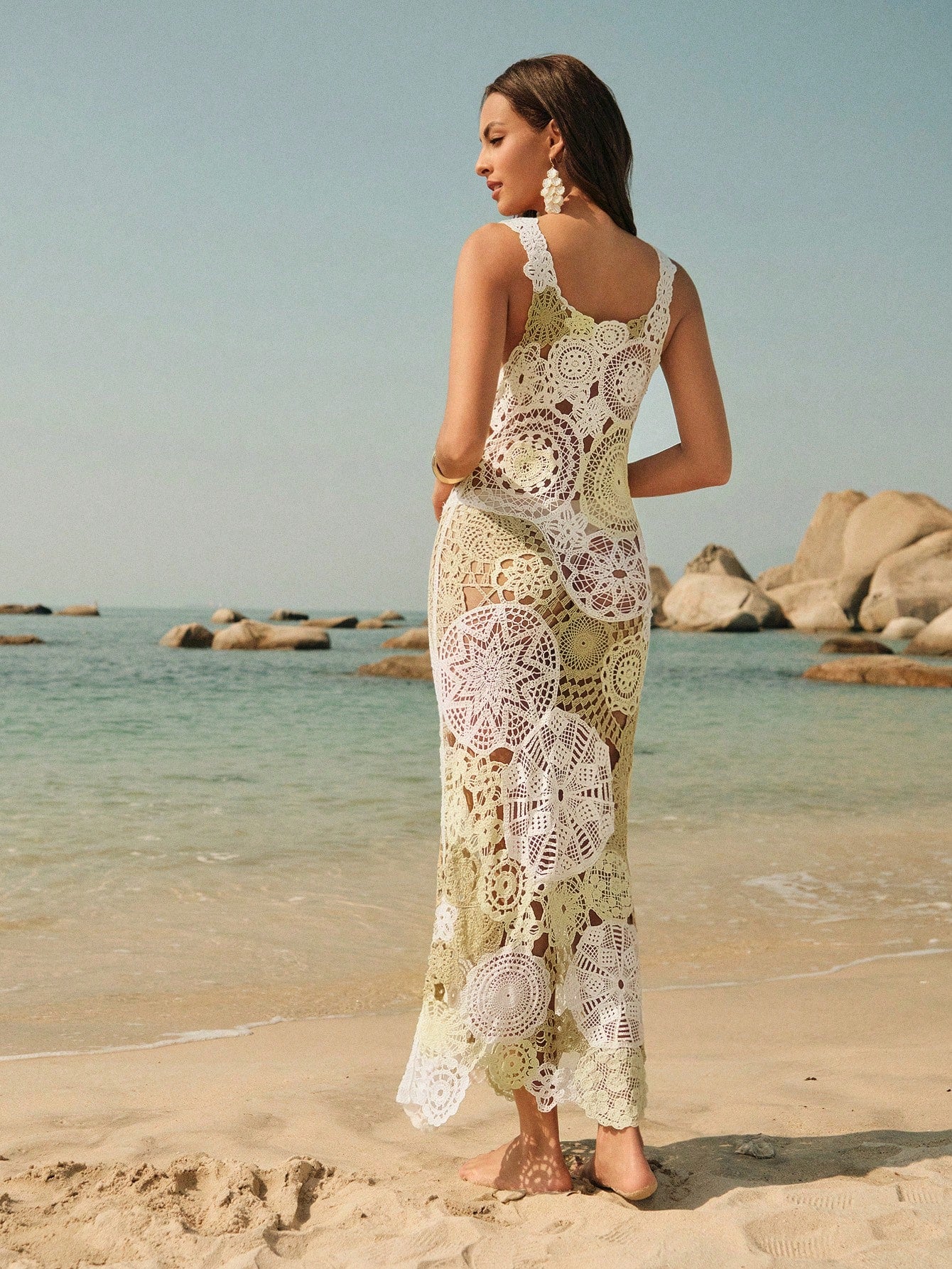 Anewsta Women's Crochet Maxi Dress, Beach Holiday Outfit, Spaghetti Strap, Multi-Color & Floral Pattern, Summer, Spring, Wear