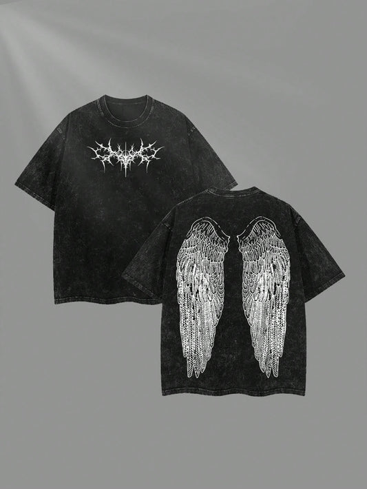 Angel Wings Black Metal(230 Pure Cotton T-Shirt)Y2K Graphic Tees Men Men's Round Neck Short-Sleeved Cotton Casual T-Shirt, Loose Style, Versatile