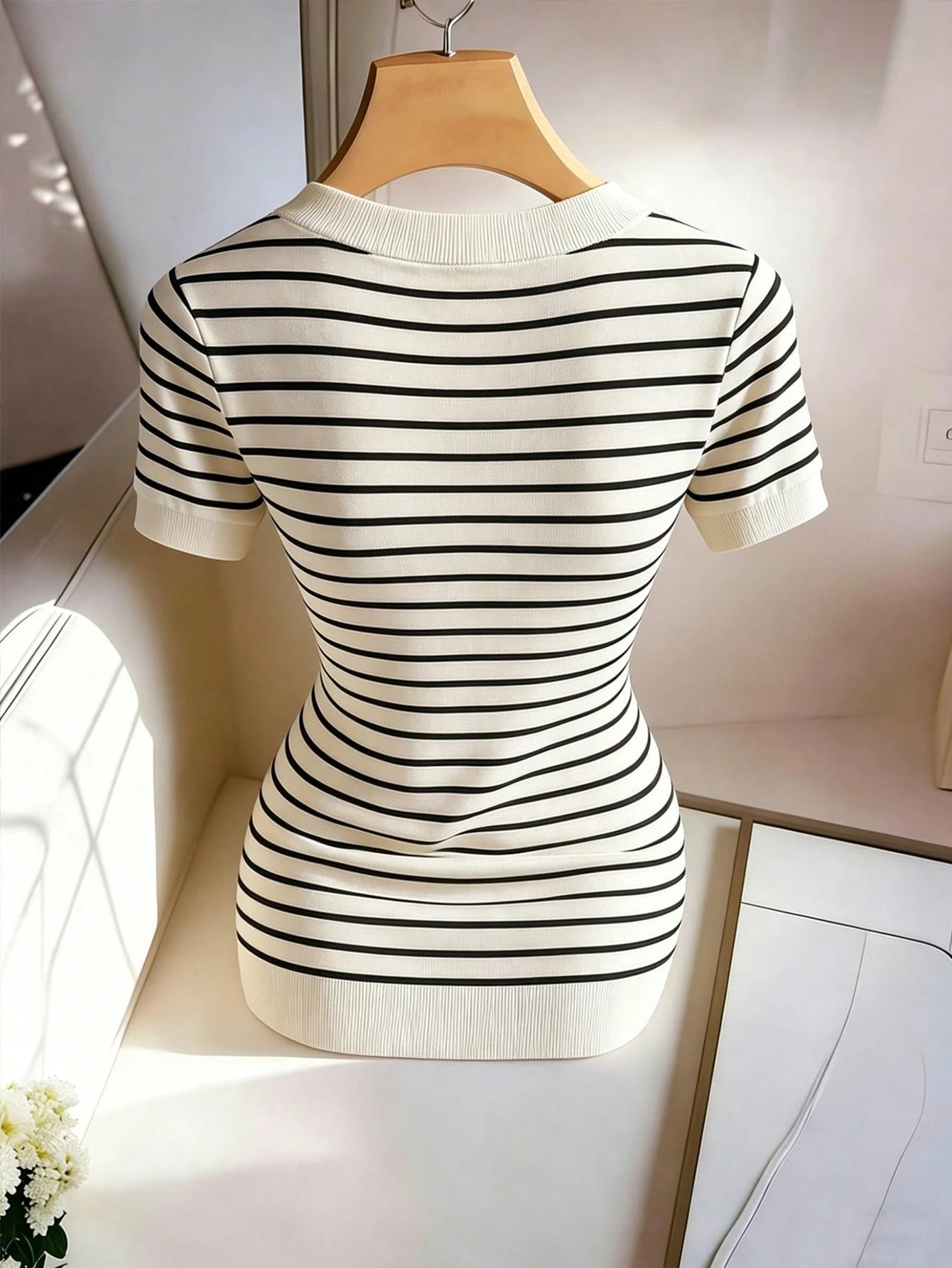 Apricot Strapless Short Sleeve Dress,Black And White Striped,Summer,Casual,Brunch,Floral Trim T-Shirt For Elegant Party,Holiday Wear,Spring & Summer