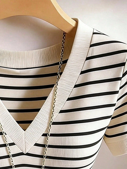 Apricot Strapless Short Sleeve Dress,Black And White Striped,Summer,Casual,Brunch,Floral Trim T-Shirt For Elegant Party,Holiday Wear,Spring & Summer