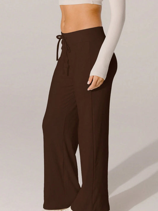 Aralina Women Soft Knit Texture Brown Drawstring Wide Leg Pants High Waisted Loose Fit Yoga Pilate Casual Travel Work Out Athleisure Gym Summer Autumn Outfit