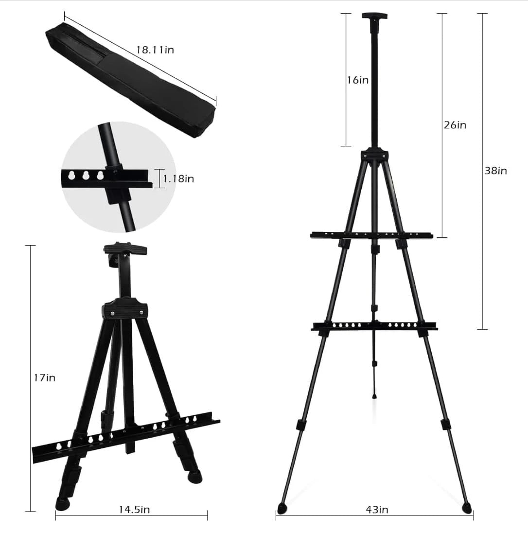 Art Painting Display Easel Stand, Portable Metal Adjustable Easel For Painting Canvas Height From 43.18 Cm To 166.74 Cm- Suitable For Tabletop/Floor Displays And Wedding Signs- Black.