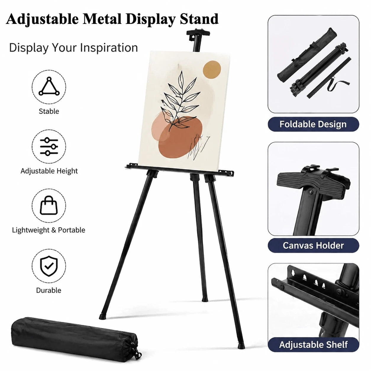 Art Painting Display Easel Stand, Portable Metal Adjustable Easel For Painting Canvas Height From 43.18 Cm To 166.74 Cm- Suitable For Tabletop/Floor Displays And Wedding Signs- Black.