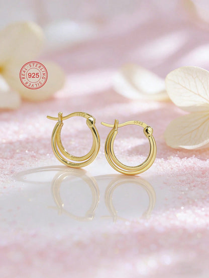 Artepollo 1pc 925 Sterling Silver Hypoallergenic Double Line Hoop Earrings, Gift Box Packaging, Minimalist & Cute, Suitable For Daily Wear Or Festivals, Gift For Girls, Friends, Back To School