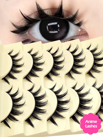Asiteo 5 Pairs Spiked Cartoon Style False Eyelashes, Thick & Exaggerated, Create Doll Eye Effect, Anime Style, Reusable, Suitable For Beginners, Doll Eye Shape, Applicable For Cosplay, Party, Hallowee