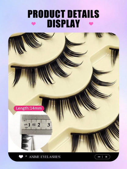 Asiteo 5 Pairs Spiked Cartoon Style False Eyelashes, Thick & Exaggerated, Create Doll Eye Effect, Anime Style, Reusable, Suitable For Beginners, Doll Eye Shape, Applicable For Cosplay, Party, Hallowee
