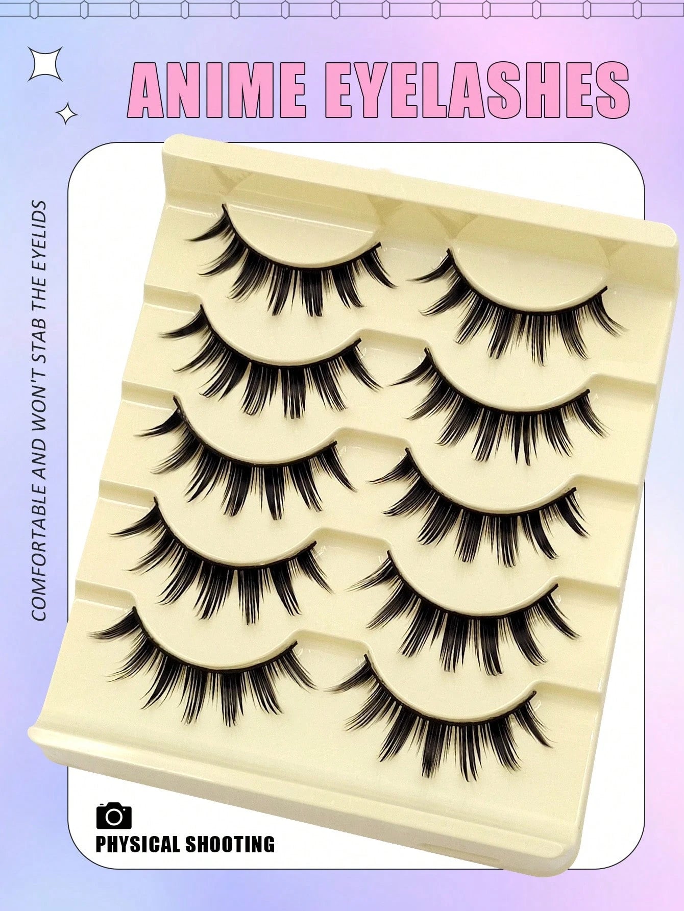 Asiteo 5 Pairs Spiked Cartoon Style False Eyelashes, Thick & Exaggerated, Create Doll Eye Effect, Anime Style, Reusable, Suitable For Beginners, Doll Eye Shape, Applicable For Cosplay, Party, Hallowee