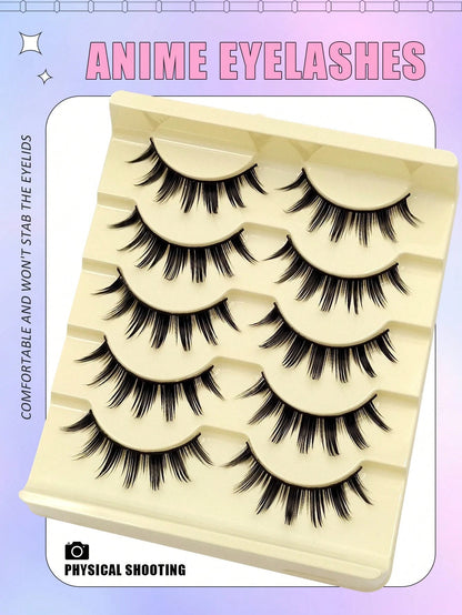 Asiteo 5 Pairs Spiked Cartoon Style False Eyelashes, Thick & Exaggerated, Create Doll Eye Effect, Anime Style, Reusable, Suitable For Beginners, Doll Eye Shape, Applicable For Cosplay, Party, Hallowee