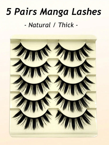 Asiteo 5 Pairs Spiked Cartoon Style False Eyelashes, Thick & Exaggerated, Create Doll Eye Effect, Anime Style, Reusable, Suitable For Beginners, Doll Eye Shape, Applicable For Cosplay, Party, Hallowee
